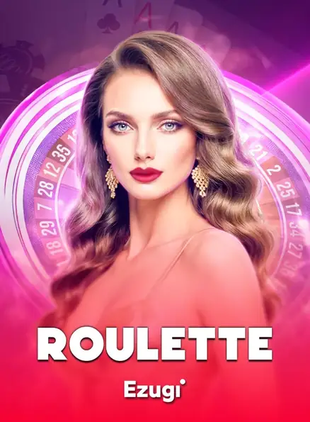 ปกโต๊ะคาสิโนสด Roulette ป้าย Ezugi ภาพดีลเลอร์หญิงกับวงล้อรูเล็ตต์สีชมพู ในหน้าแรกรีวิว