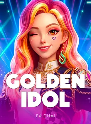 ปกเกมสล็อต Golden Idol ป้าย Fa Chai ภาพหญิงผมสีรุ้งขยิบตา ประกอบบันทึกเรื่องเทิร์นโอเวอร์