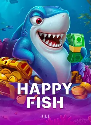 ปกเกมสล็อต Happy Fish ป้าย JILI ภาพฉลามการ์ตูนถือเงินบนพื้นฟ้า ประกอบหน้ารีวิวคาสิโน