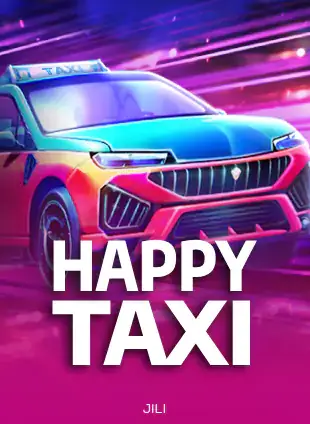 ปกเกมสล็อต Happy Taxi ป้าย JILI ภาพแท็กซี่สปอร์ตสีน้ำเงินบนพื้นม่วงชมพู ประกอบหน้ารีวิวคาสิโน