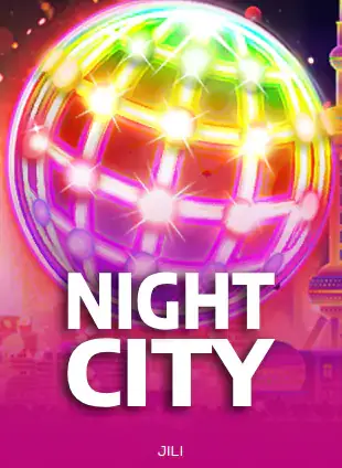 ปกเกมสล็อต Night City ป้าย JILI ภาพลูกบอลดิสโก้สีรุ้งบนพื้นม่วงเข้ม ในรายการสล็อต