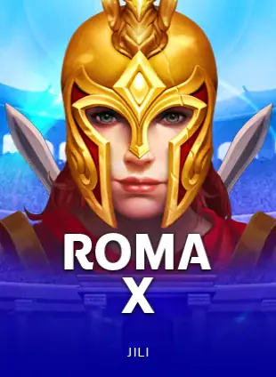 ปกเกมสล็อต Roma X ป้าย JILI ภาพนักรบหมวกเกราะทองบนพื้นน้ำเงิน ประกอบหน้าเข้าสู่ระบบ