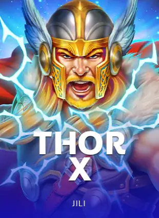 ปกเกมสล็อต Thor X ป้าย JILI ภาพเทพนักรบสวมหมวกทองมีสายฟ้า ประกอบหน้าเข้าสู่ระบบ