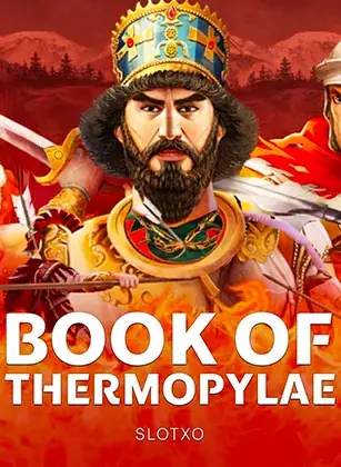 ปกเกมสล็อต Book of Thermopylae ป้าย SLOT XO ภาพนักรบเคราหนาสวมมงกุฎ ในรายการสล็อต