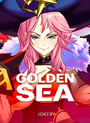 ปกเกมสล็อต Golden Sea ป้าย JOKER ภาพตัวละครหญิงผมสีชมพูส้ม ในรายการสล็อต