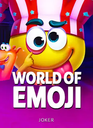 ปกเกมสล็อต World of Emoji ป้าย JOKER ภาพหน้ายิ้มสีเหลืองหมวกลายธง ในรายการสล็อต