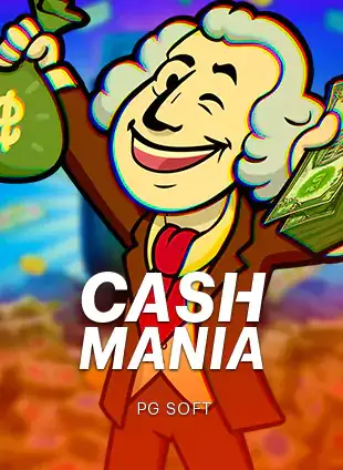 ปกเกมสล็อต Cash Mania ป้าย PG SOFT ภาพชายสูทถือถุงเงินแบบการ์ตูน ประกอบหน้าเครดิตฟรี 50
