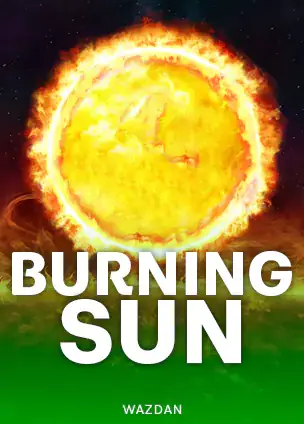 ปกเกมสล็อต Burning Sun ป้าย WAZDAN ภาพดวงอาทิตย์ลุกเป็นไฟบนพื้นเขียว ในรายการสล็อต