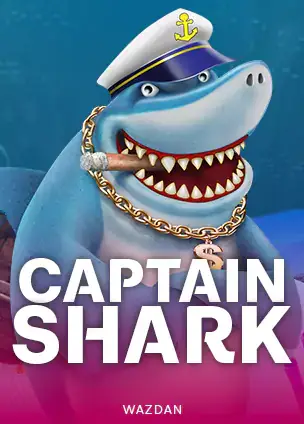 ปกเกมสล็อต Captain Shark ป้าย WAZDAN ภาพฉลามสวมหมวกกัปตันบนพื้นฟ้า ในรายการสล็อต