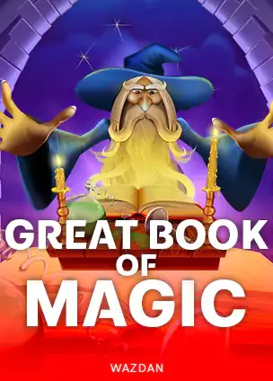 ปกเกมสล็อต Great Book of Magic ป้าย WAZDAN ภาพพ่อมดเคราขาวบนพื้นม่วง ในรายการสล็อต